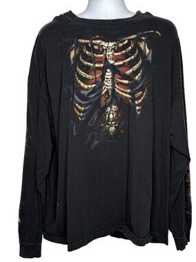 Vintage Y2K Hot Leathers Black T-shirt Size 3XL Skull Skeleton Biker Goth Horror